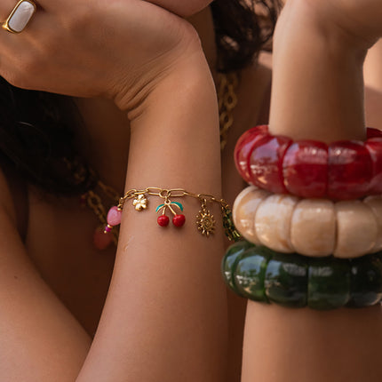 Bracelet Azura - trèfles, soleil, cerise en émail, perle coeur