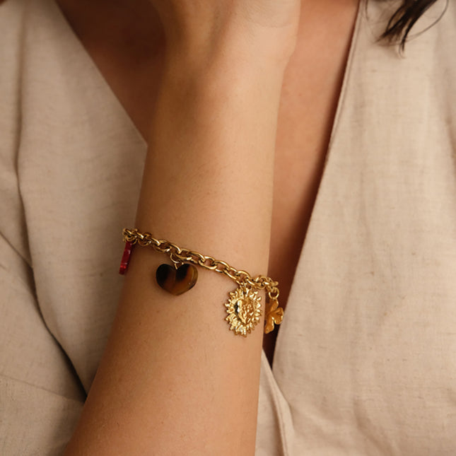 Kalyra Bracelet - resin bird and heart, hammered heart, clover, flower bead