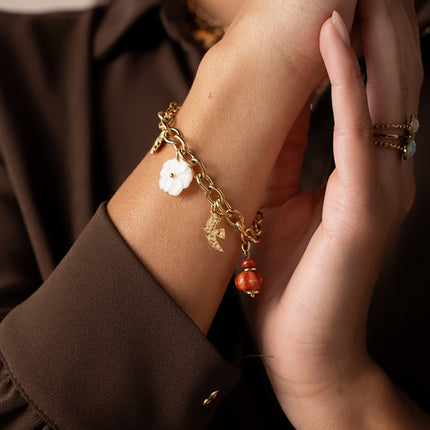 Bracelet Idalie - perles, oiseau, soleil, fleur nacrée, coccinelle émaillée