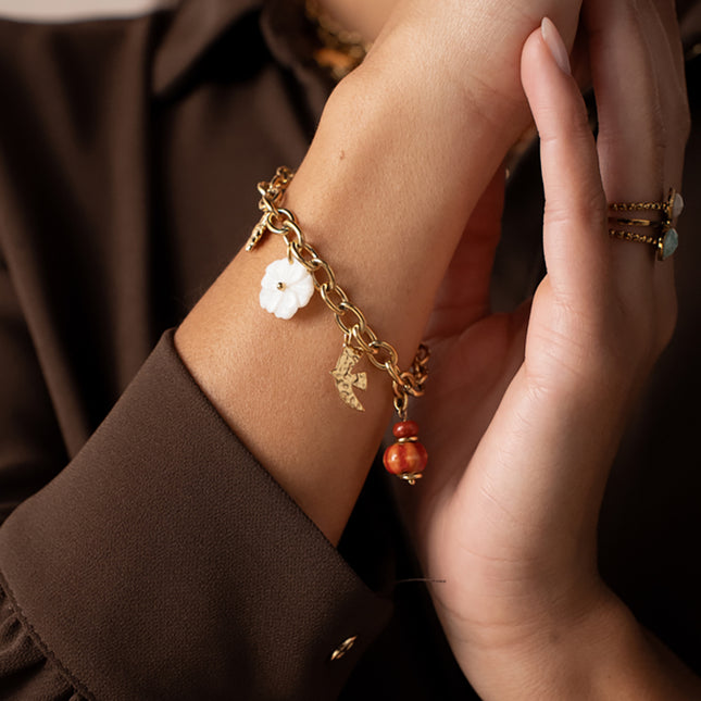 Idalie Bracelet - beads, bird, sun, mother-of-pearl flower, enameled ladybug