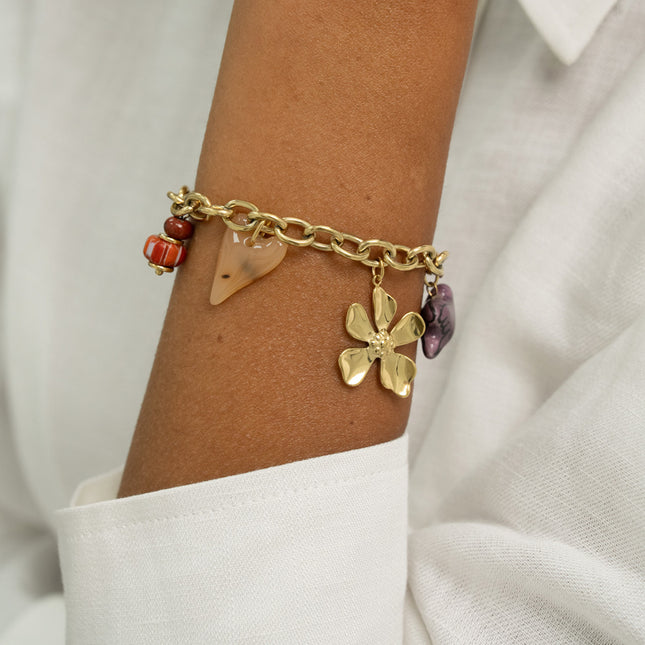 Bracelet - ceramic beads and bird, clover, resin heart and flower