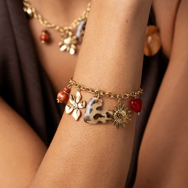 Bracelet Cléa - perles en céramique, coeurs en résine, soleil et fleur