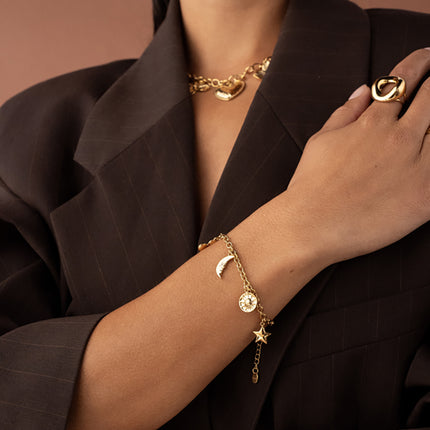 Bracelet Aglia - soleil, coeur, lune, fleur émaillée, étoile et trèfle