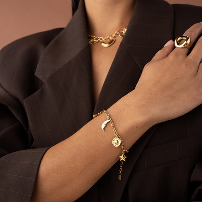 Bracelet Aglia - soleil, coeur, lune, fleur émaillée, étoile et trèfle
