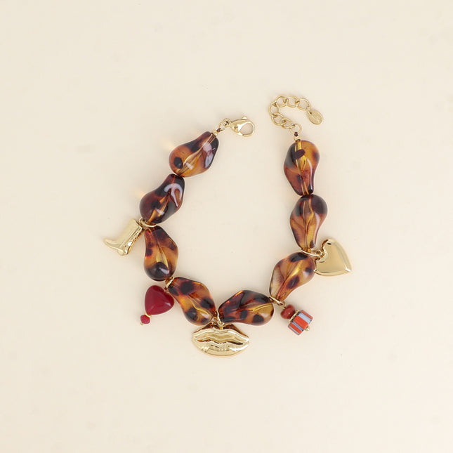Bracelet sur fil - perles en résine et de pampilles en acier inoxydable (botte, perle coeur, bouche, céramique émaillée, coeur)