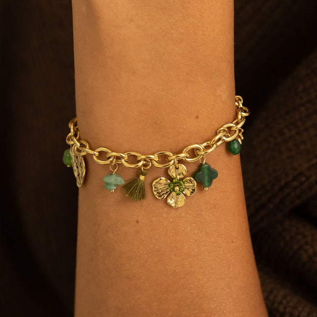 Bracelet - natural stones, heart, clover, sun, pompom