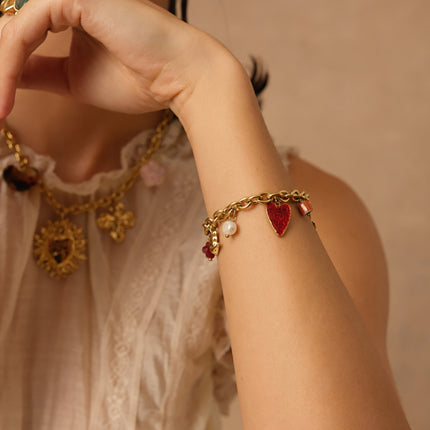Ithéa Bracelet - clover, enamel heart, flower, ceramic and enamel bead
