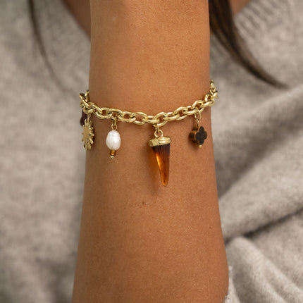 Bracelet - natural stone clover, freshwater pearl, sun, moon, tassel, resin horn