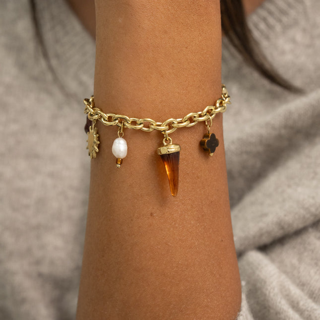 Bracelet - natural stone clover, freshwater pearl, sun, moon, tassel, resin horn