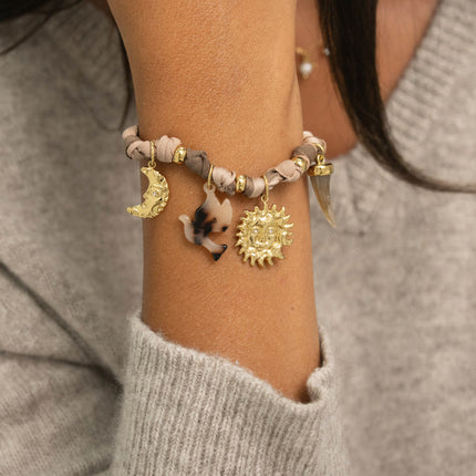 Bracelet - tissu ruban, lune, soleil, corne en résine, fleur