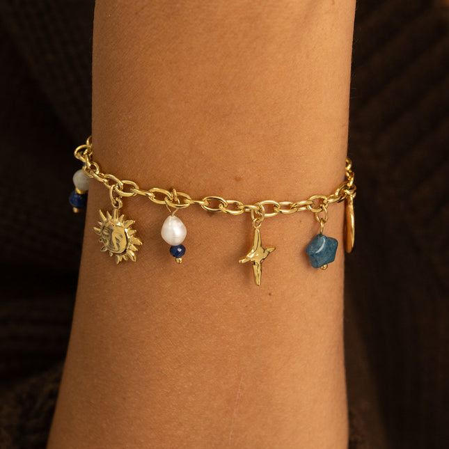 Bracelet - natural stones, sun, north star, crescent moon, enameled ceramic, star, freshwater pearl