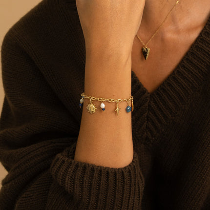 Bracelet - natural stones, sun, north star, crescent moon, enameled ceramic, star, freshwater pearl
