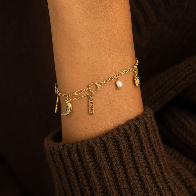 Bracelet - soleil, croissant de lune, étoile, plaquette AMOUR, perle d'eau douce
