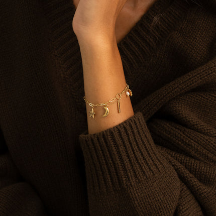 Bracelet - soleil, croissant de lune, étoile, plaquette AMOUR, perle d'eau douce
