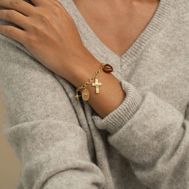 Bracelet - resin, sun, enameled heart, religious cross, crescent moon