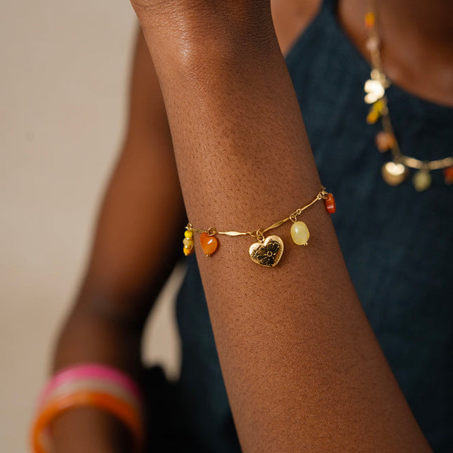 Bracelet Sunny - pierres naturelles, oiseau, coeur, soleil, trèfle