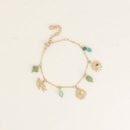 Bracelet - trèfle, soleil, oiseau, perle en céramique émaillée, pierres naturelles