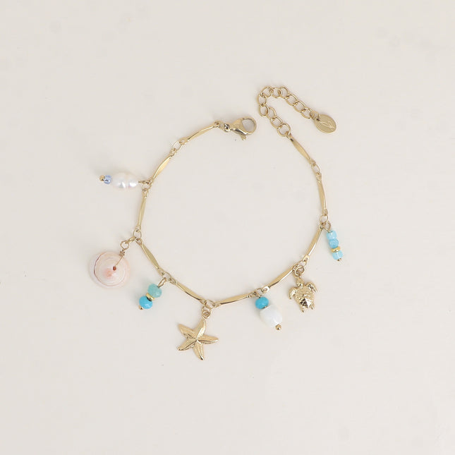 Bracelet - étoile de mer, coquillages, coquillage naturel, tortue, perle d'eau douce