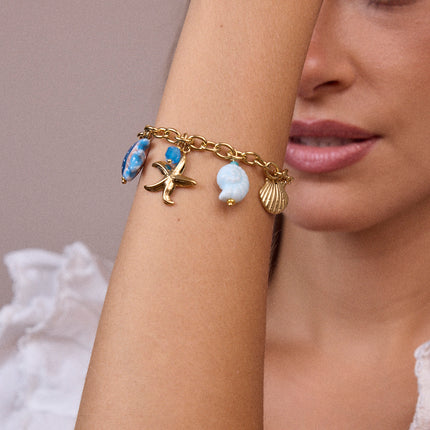 Bracelet - breloques (coquillages, étoile de mer, soleil, poisson, céramique et émail)