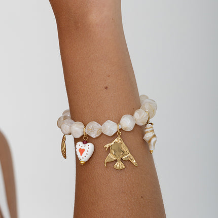 Cable bracelet - large colorful resin beads and charms (shells, starfish, ceramic heart, fish)