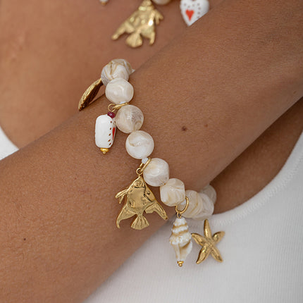 Cable bracelet - large colorful resin beads and charms (shells, starfish, ceramic heart, fish)
