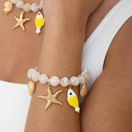 Cable bracelet - large colored resin beads and charms (shells, starfish, fish, ceramic)