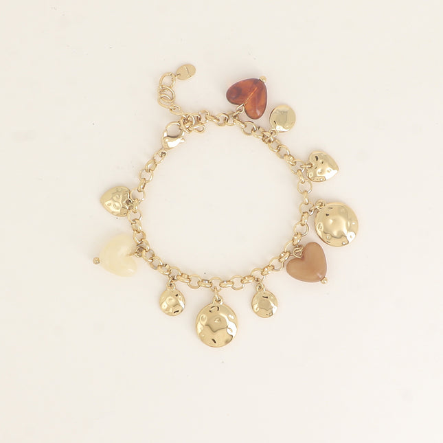 Bracelet - pastilles rondes martelées, coeurs et résine