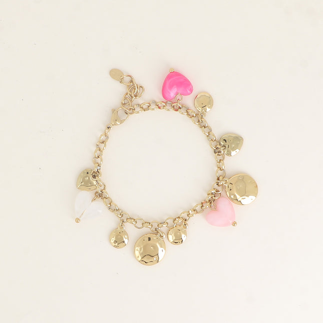 Bracelet - pastilles rondes martelées, coeurs et résine
