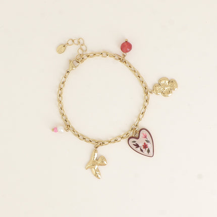 Bracelet - perle d'eau douce, soleil et coeur émaillé avec des motifs feuillages