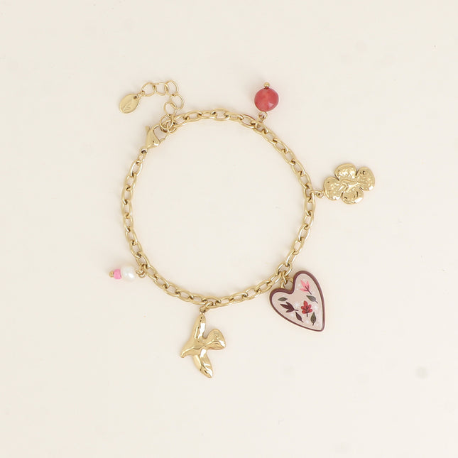 Bracelet - perle d'eau douce, soleil et coeur émaillé avec des motifs feuillages