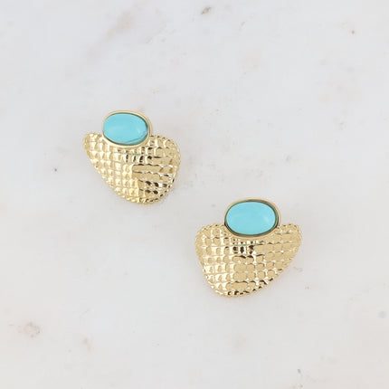 Boucles puces - pierre naturelle ovale et pièce quadrillée