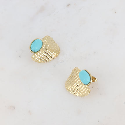 Boucles puces - pierre naturelle ovale et pièce quadrillée