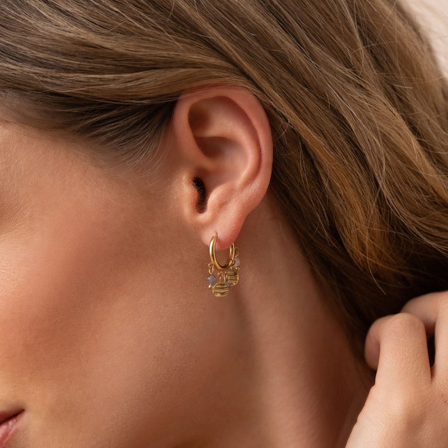 Thaly Creole earrings - round engraved tassels and natural stones