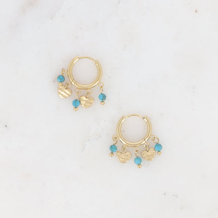 Creole earrings - engraved heart-shaped tassels and natural stones