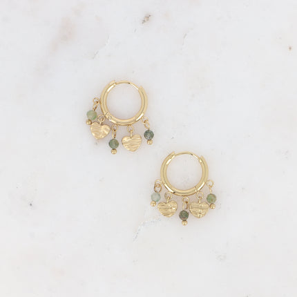 Creole earrings - engraved heart-shaped tassels and natural stones