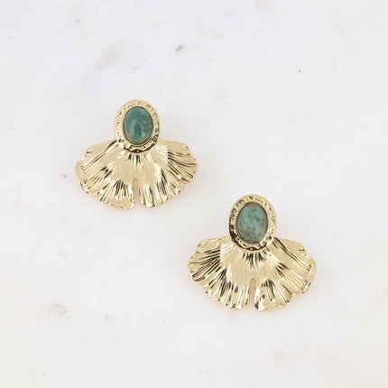 Boucles puces - feuille de ginko texturée et pierre naturelle ovale