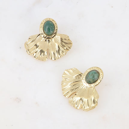 Boucles puces - feuille de ginko texturée et pierre naturelle ovale