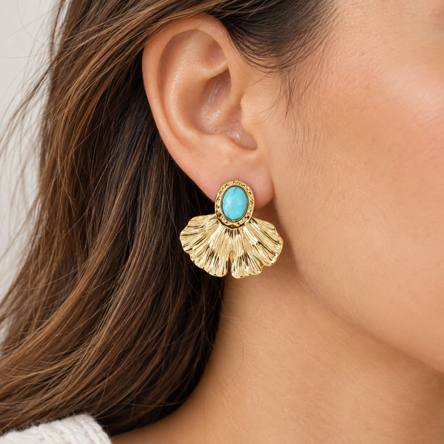 Boucles puces - feuille de ginko texturée et pierre naturelle ovale