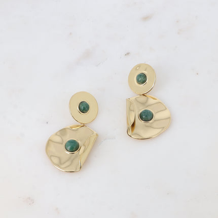 Boucles pendantes - double pièce ronde recourbée et martelée avec pierre naturelle