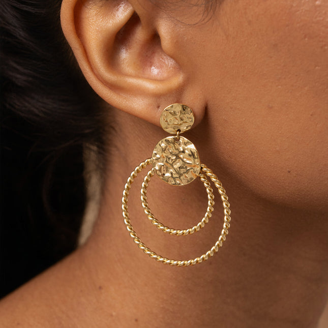 Dangling earrings - 2 inserts, hammered circle and 2 twisted rings