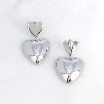 Dangle earrings - double heart, one flat and one domed