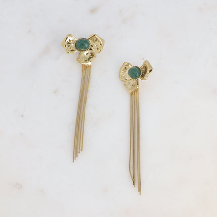 Dangle earrings - textured flower with natural stone and snake chain