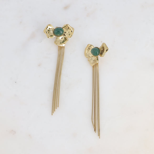 Dangle earrings - textured flower with natural stone and snake chain
