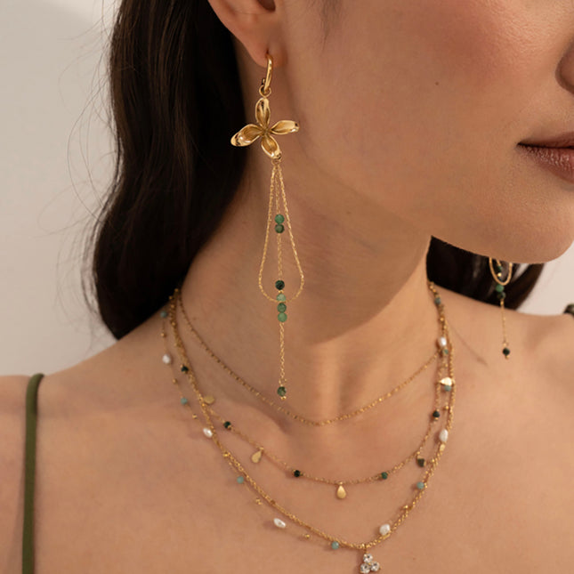 Créoles Célestia - fleur texturée, mailles paloma et forçat, pierres naturelles