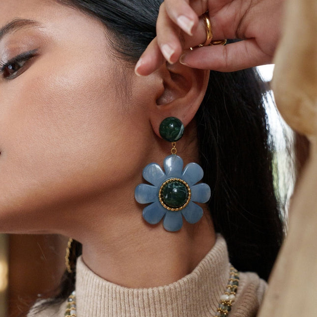 Fleuria drop earrings - double flower drop earrings in acetate