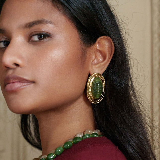 Ruth stud earrings - large cabochon in colored acetate on a hammered edge