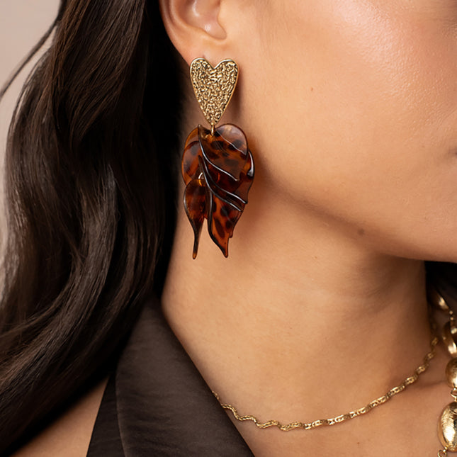 Cappuccino Dangle Earrings - textured heart and acetate dangle pieces