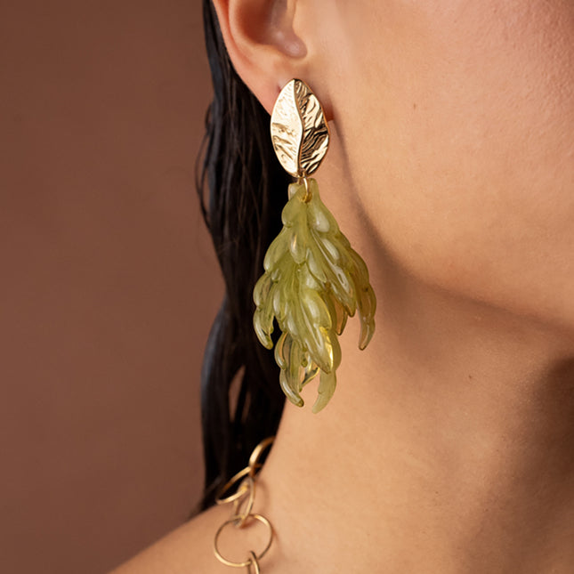 Matcha dangling earrings - textured foliage and acetate dangle pieces