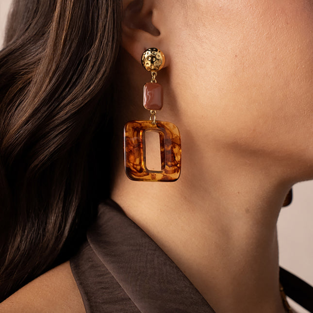 Lya drop earrings - textured round piece, enamel rectangle and openwork acetate piece