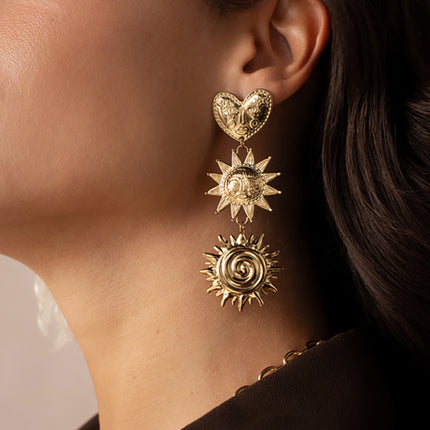 Boucles pendantes Alida - 3 pièces (un coeur et 2 soleils)
